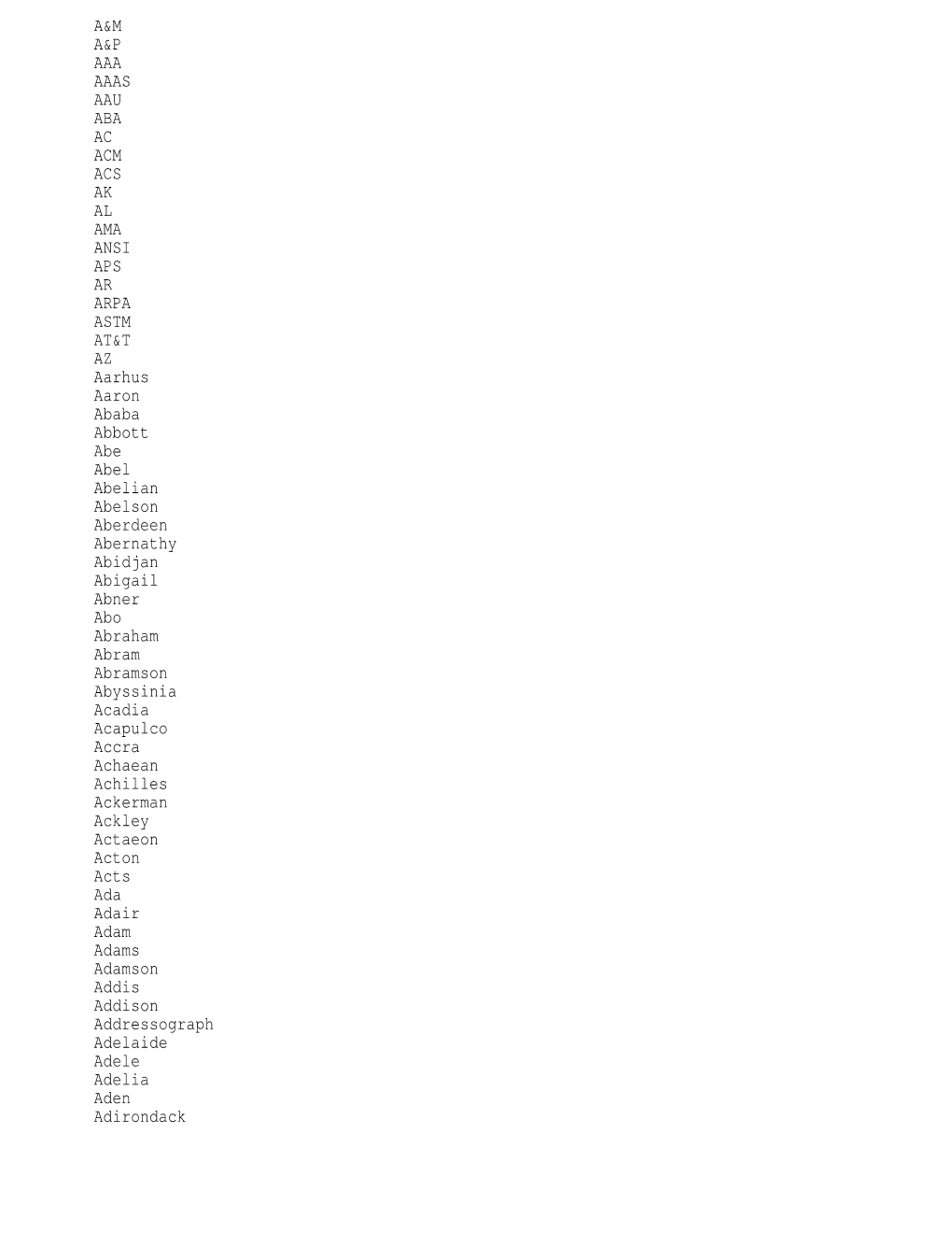 A&M A&P Aaa Aaas Aau Aba Ac Acm Acs Ak Al