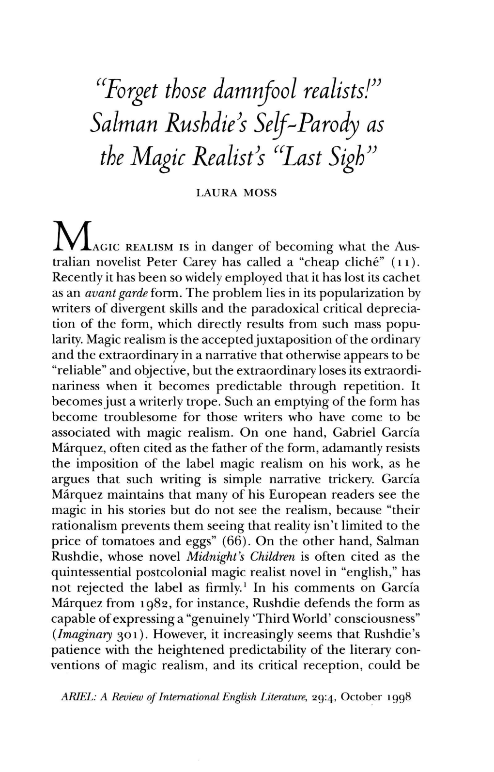 Salman Rushdie's Selj-Parody As the Magie Realist's 