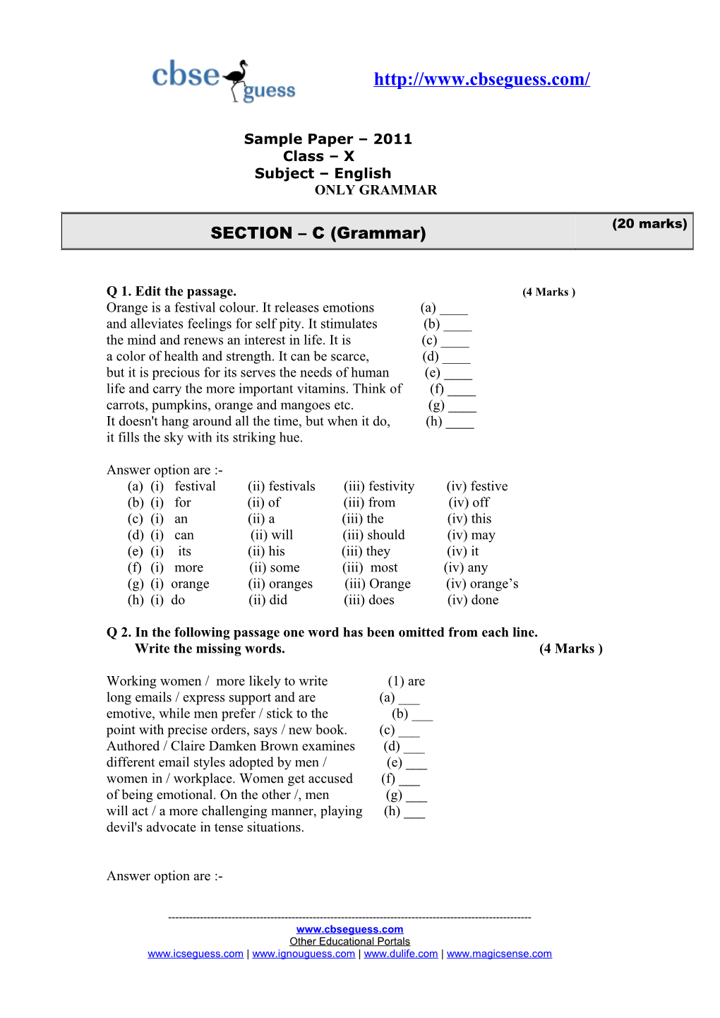 Cbse 10Th Grammar Sample Paper