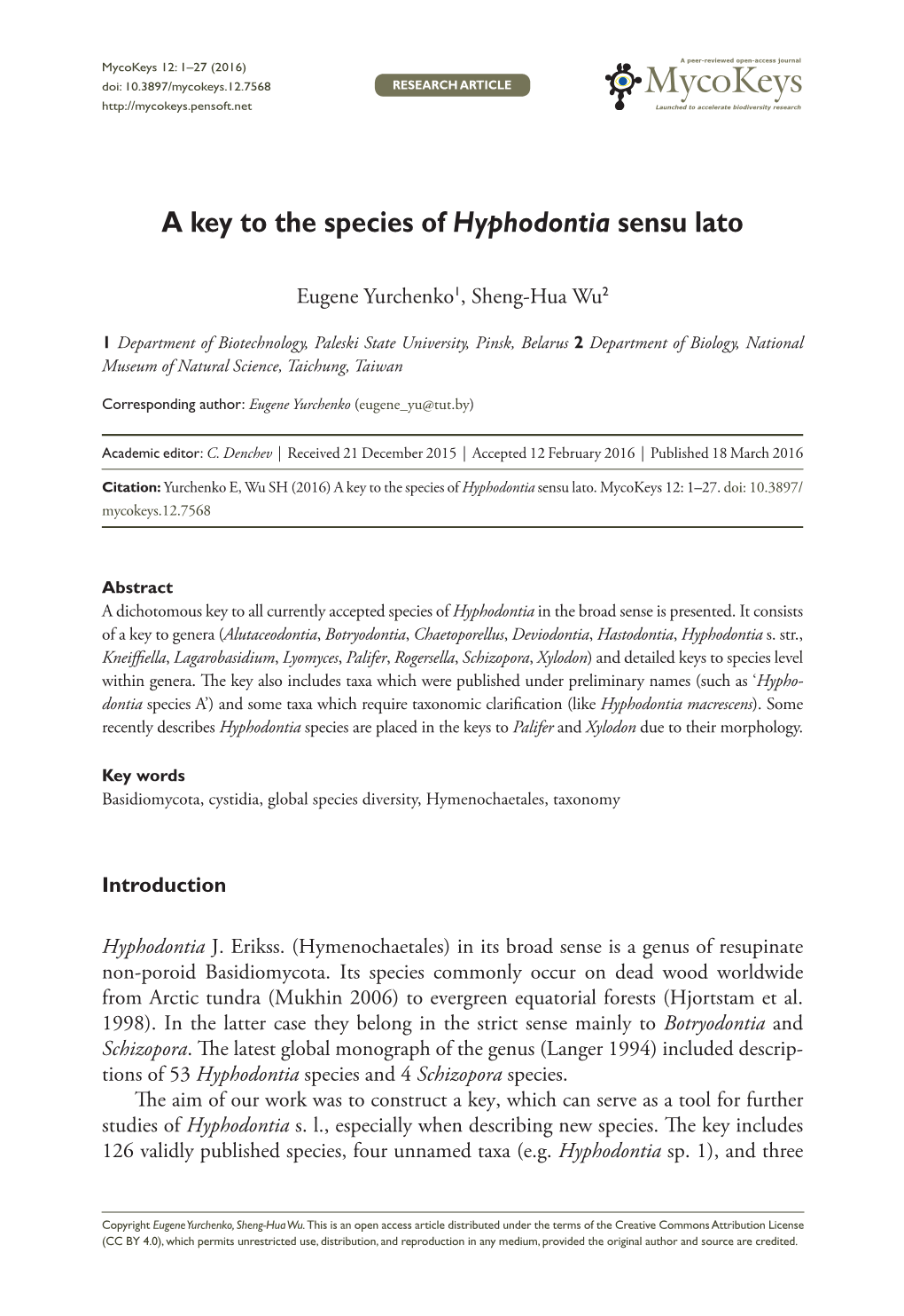 ﻿A Key to the Species of Hyphodontia Sensu Lato