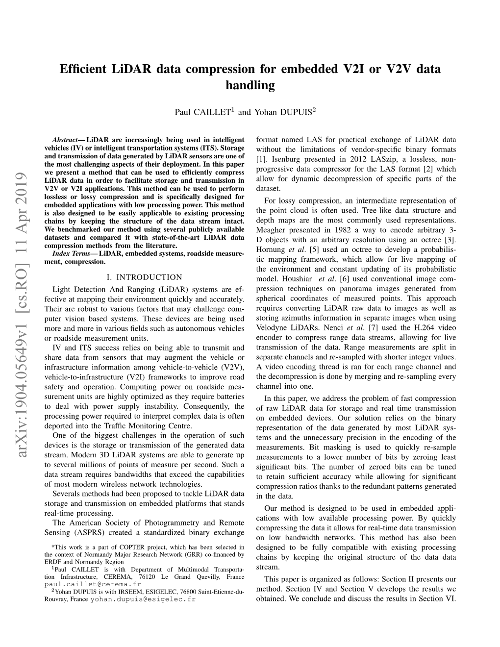 Efficient Lidar Data Compression for Embedded V2I Or V2V Data Handling