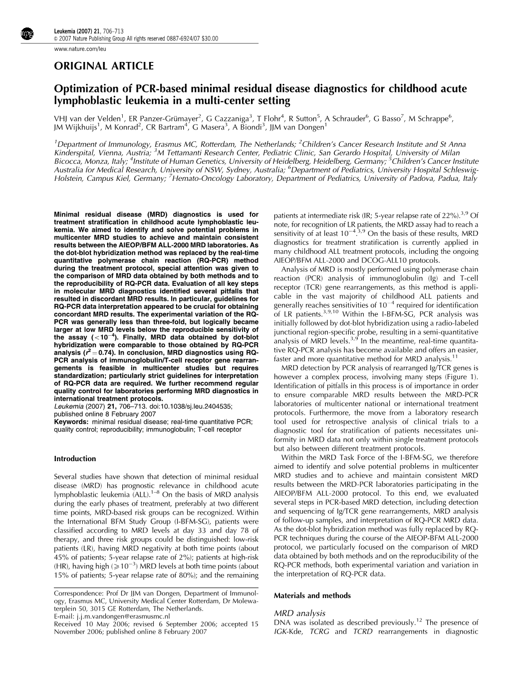ORIGINAL ARTICLE Optimization of PCR-Based Minimal Residual Disease Diagnostics for Childhood Acute Lymphoblastic Leukemia in A