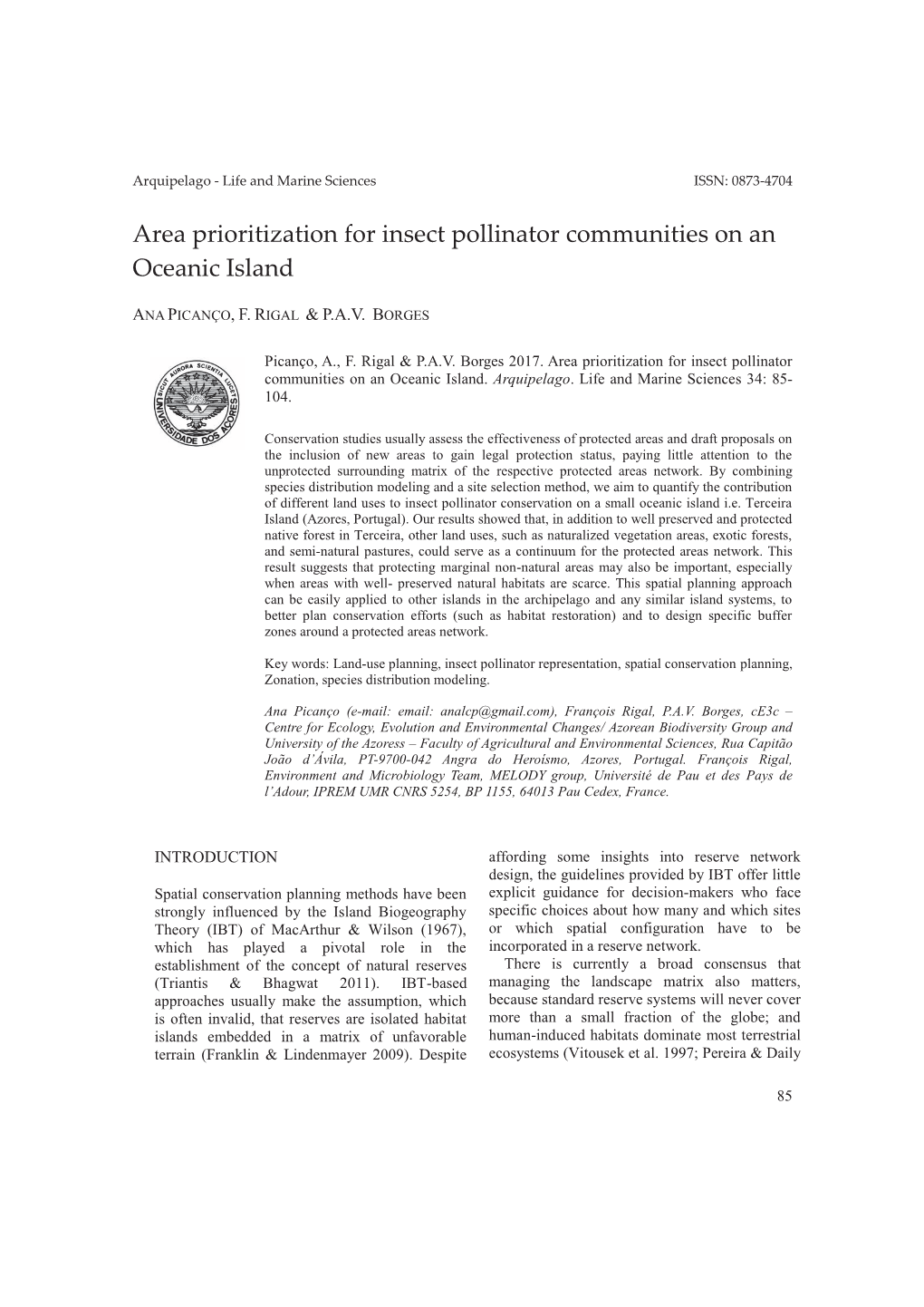 Area Prioritization for Insect Pollinator Communities on an Oceanic Island