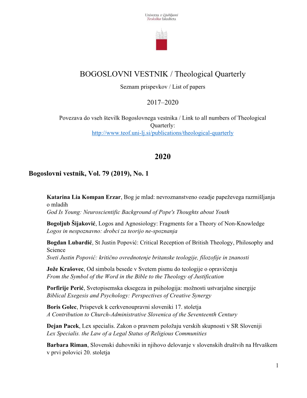 BOGOSLOVNI VESTNIK / Theological Quarterly 2020