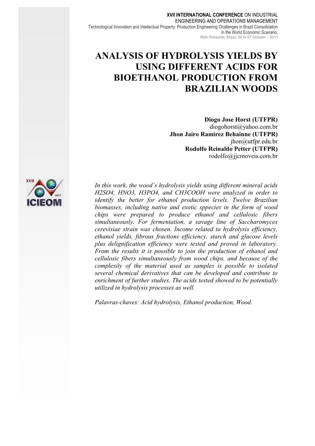 Analysis of Hydrolysis Yields by Using Different Acids for Bioethanol Production from Brazilian Woods