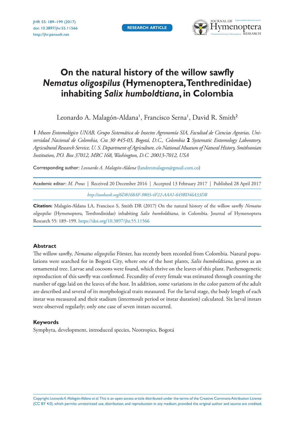 On the Natural History of the Willow Sawfly Nematus Oligospilus (Hymenoptera, Tenthredinidae) Inhabiting Salix Humboldtiana, in Colombia