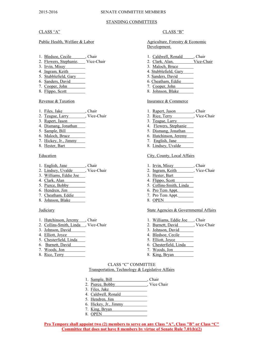 2015-2016 Senate Committee Members Standing