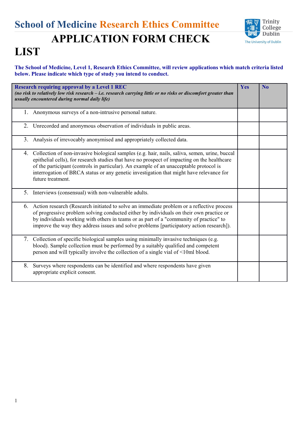 Application Form Check List