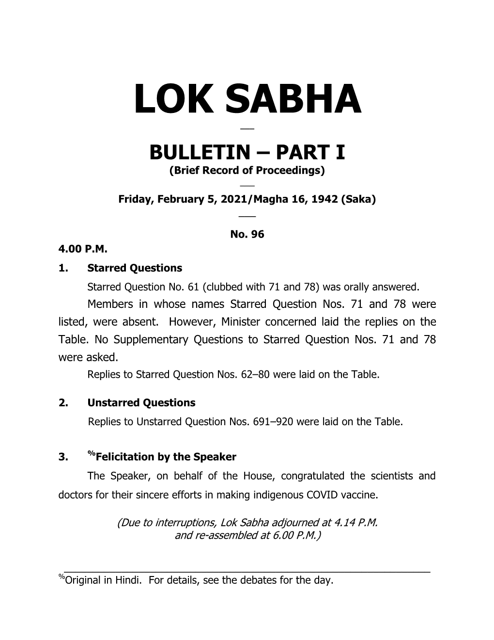 LOK SABHA ___ BULLETIN – PART I (Brief Record of Proceedings) ___ Friday, February 5, 2021/Magha 16, 1942 (Saka) ___