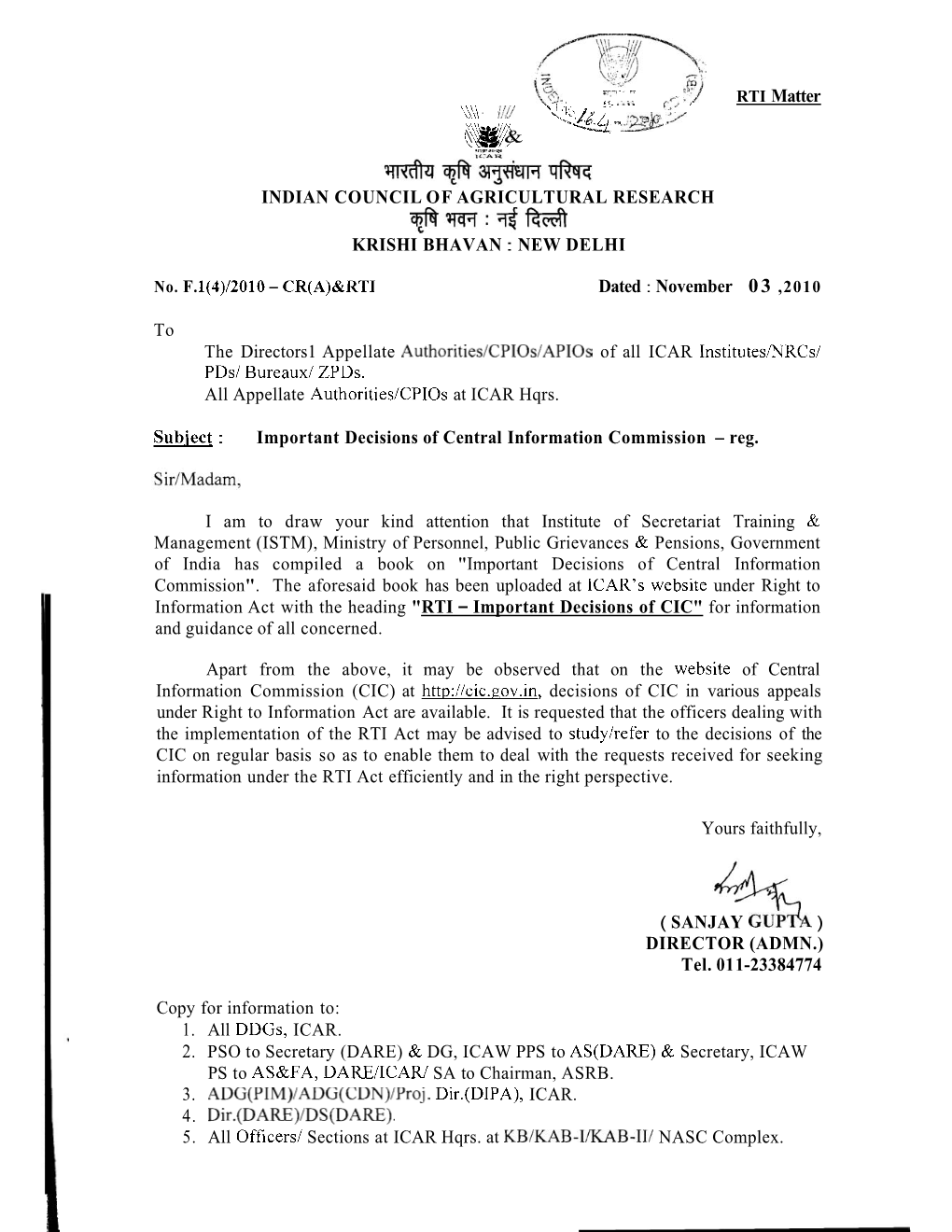 Important Decisions of Central Information Commission - Reg