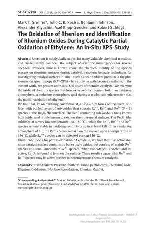 The Oxidation of Rhenium and Identification of Rhenium Oxides During Catalytic Partial Oxidation of Ethylene: an In-Situ XPS Study