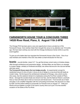 FARNSWORTH HOUSE TOUR & CONCOURS THREE 14520 River Road, Plano, IL August 11Th 2-6PM