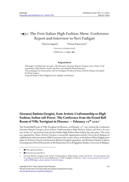 1951: the First Italian High Fashion Show. Conference Report and Interview to Neri Fadigati Ylenia Caputo* Flavia Piancazzo**