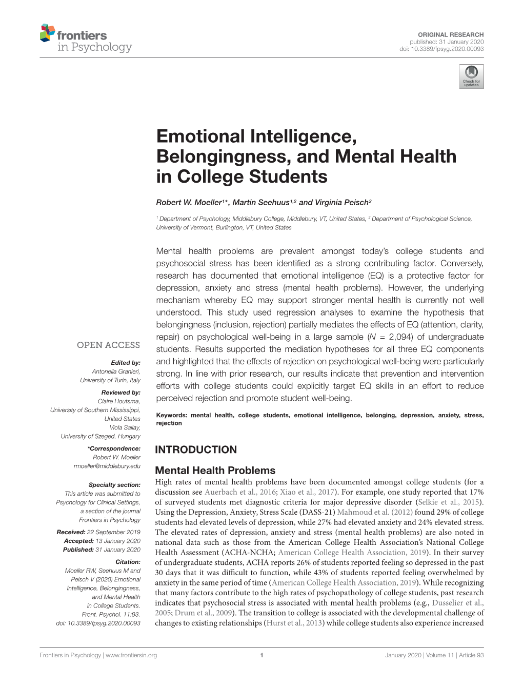 Emotional Intelligence, Belongingness, and Mental Health in College Students