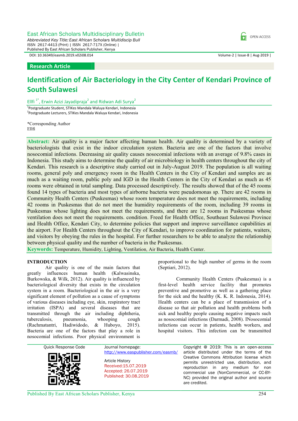 Identification of Air Bacteriology in the City Center of Kendari Province of South Sulawesi