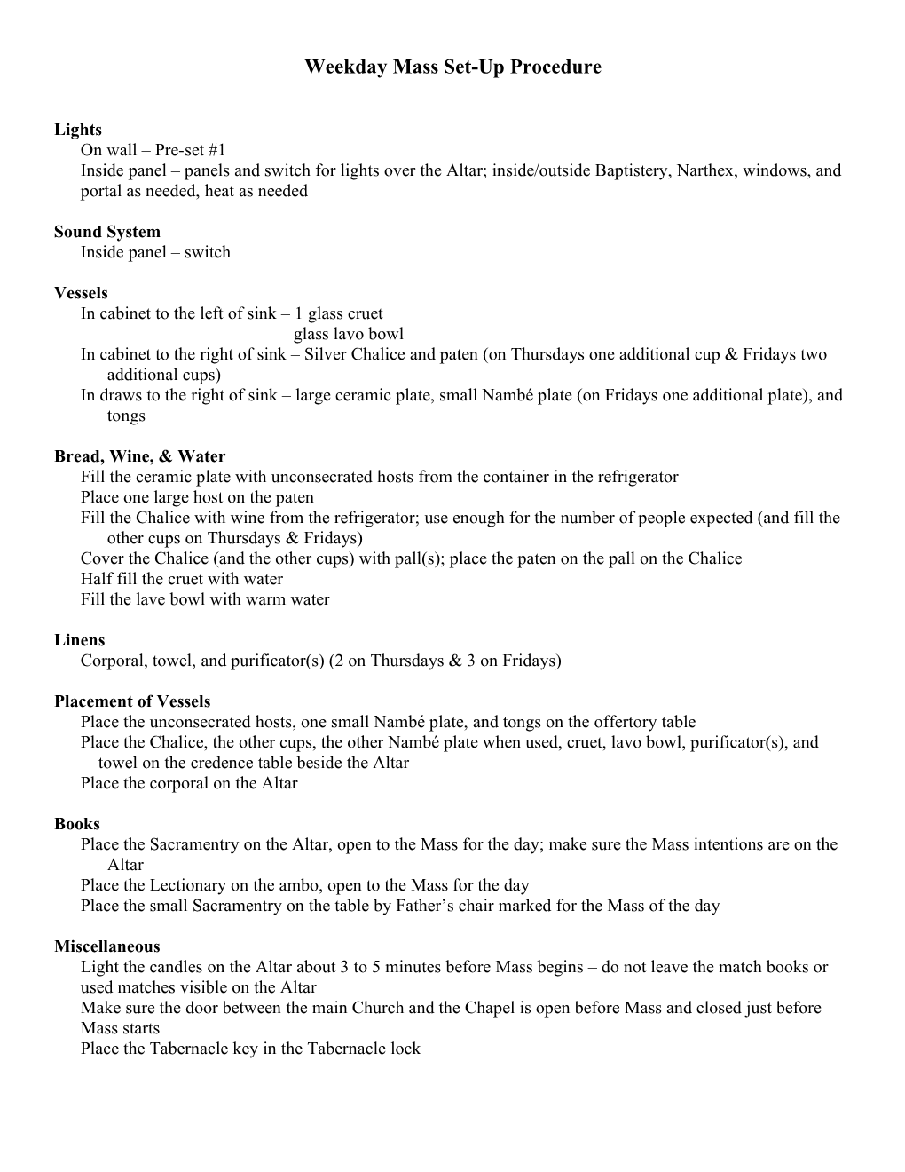 Weekday Mass Set-Up Procedure