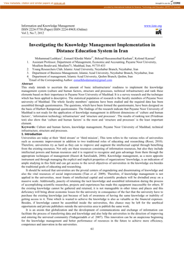 Investigating the Knowledge Management Implementation in Distance Education System in Iran