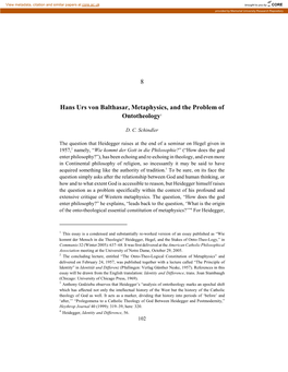 8 Hans Urs Von Balthasar, Metaphysics, and the Problem Of