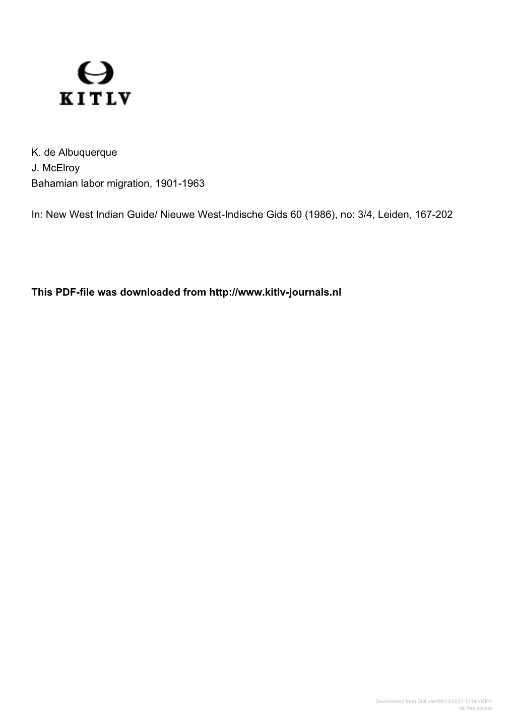 K. De Albuquerque J. Mcelroy Bahamian Labor Migration, 1901-1963