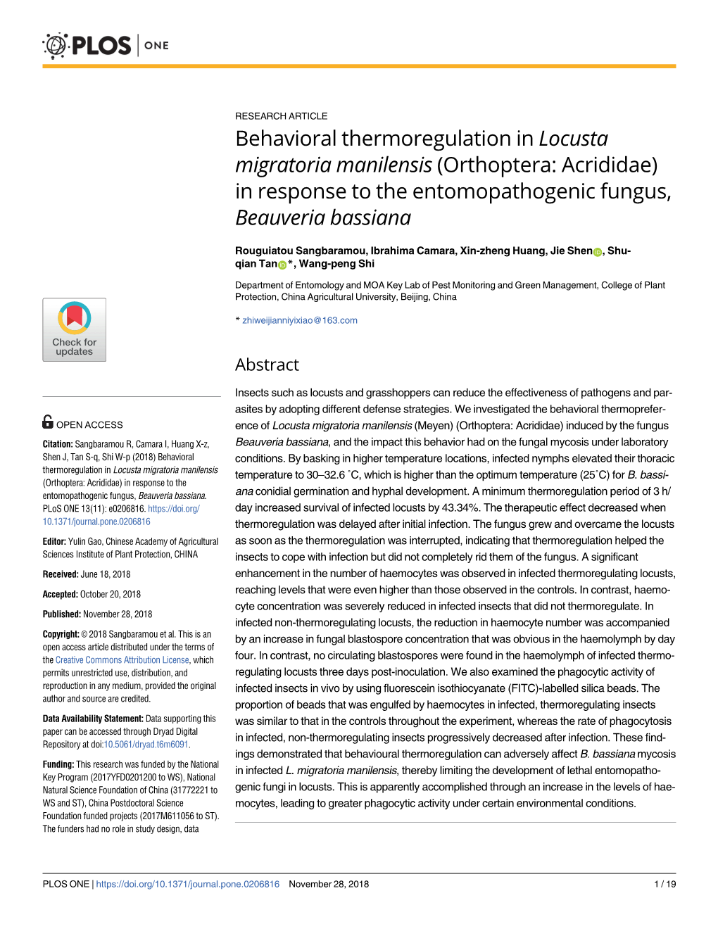 Behavioral Thermoregulation in Locusta Migratoria Manilensis (Orthoptera: Acrididae) in Response to the Entomopathogenic Fungus, Beauveria Bassiana