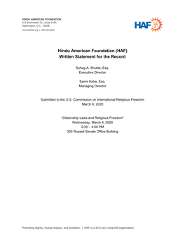 Hindu American Foundation (HAF) Written Statement for the Record