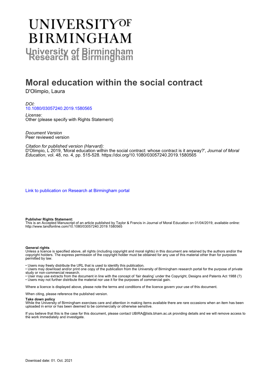 University of Birmingham Moral Education Within