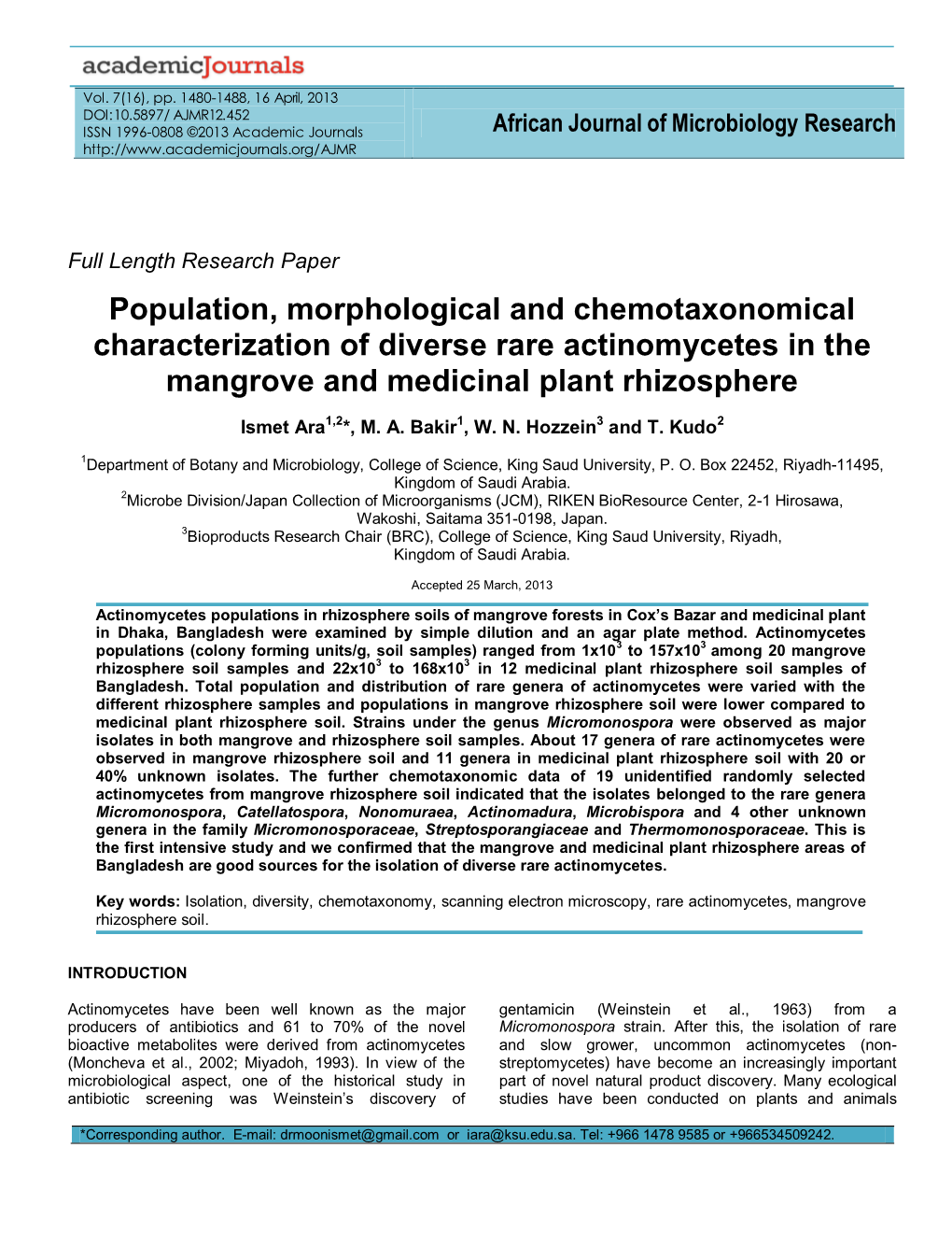 Diversity of Soil Rare Actinomycetes in Cox's Bazar, Bangladesh