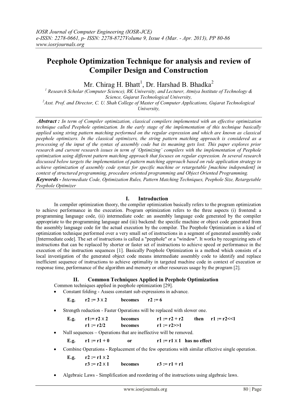 Peephole Optimization Technique for Analysis and Review of Compiler Design and Construction