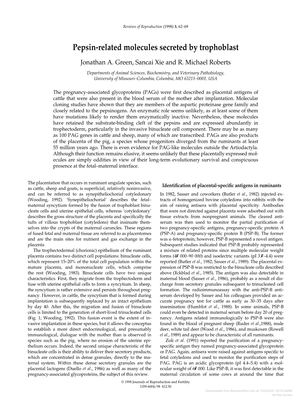 Downloaded from Bioscientifica.Com at 10/02/2021 09:03:44AM Via Free Access Pepsin-Related Molecules Secreted by Trophoblast 63