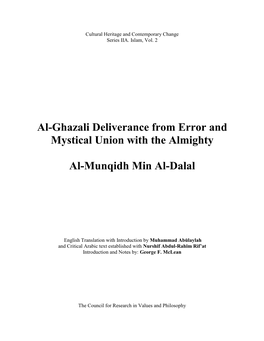 Al-Ghazali Deliverance from Error and Mystical Union with the Almighty Al