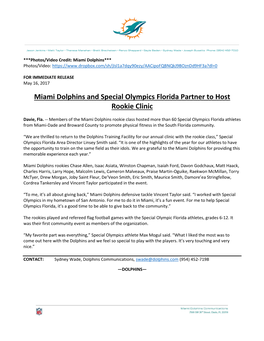 Miami Dolphins and Special Olympics Florida Partner to Host Rookie Clinic