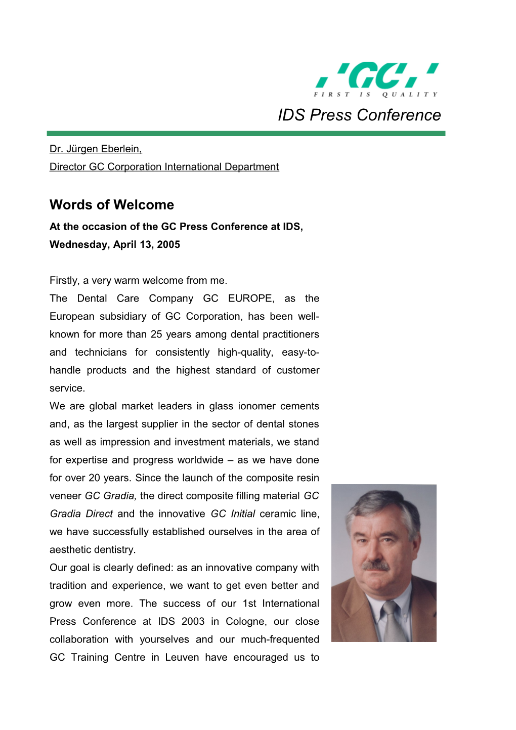 Welcoming Speech at GC Press Conference