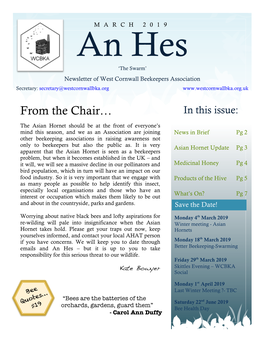 An Hes ‘The Swarm’ Newsletter of West Cornwall Beekeepers Association Secretary: Secretary@Westcornwallbka.Org