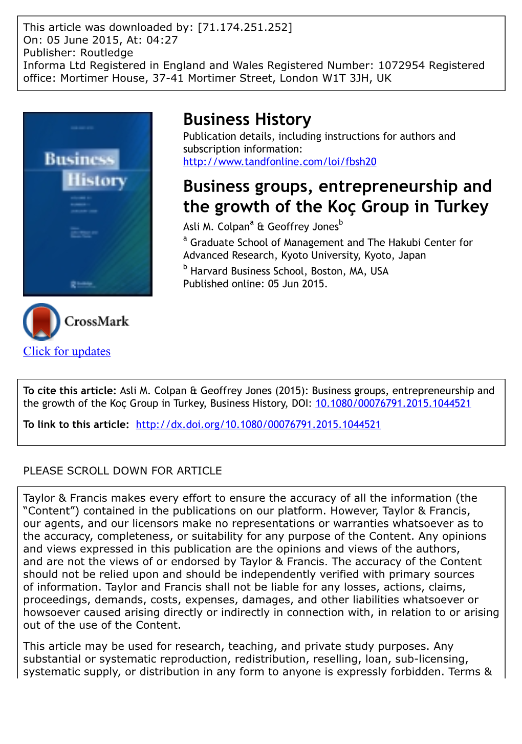 "Business Groups, Entrepreneurship and the Growth of the Koç Group In