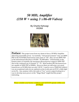 50 Mhz Amplifier (350 W + Using 3 X 06-40 Valves)