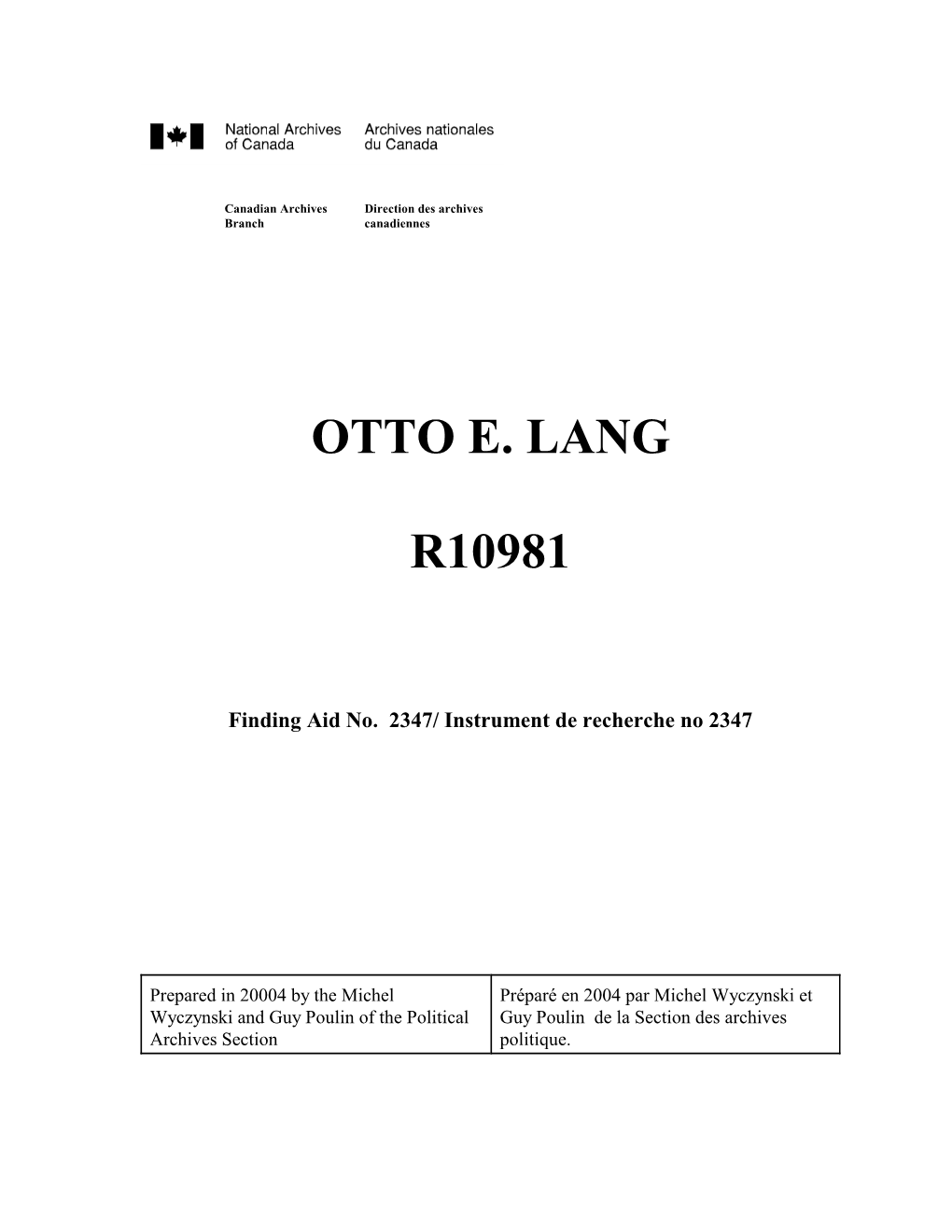 OTTO E. LANG R10981 Container File Subject Date