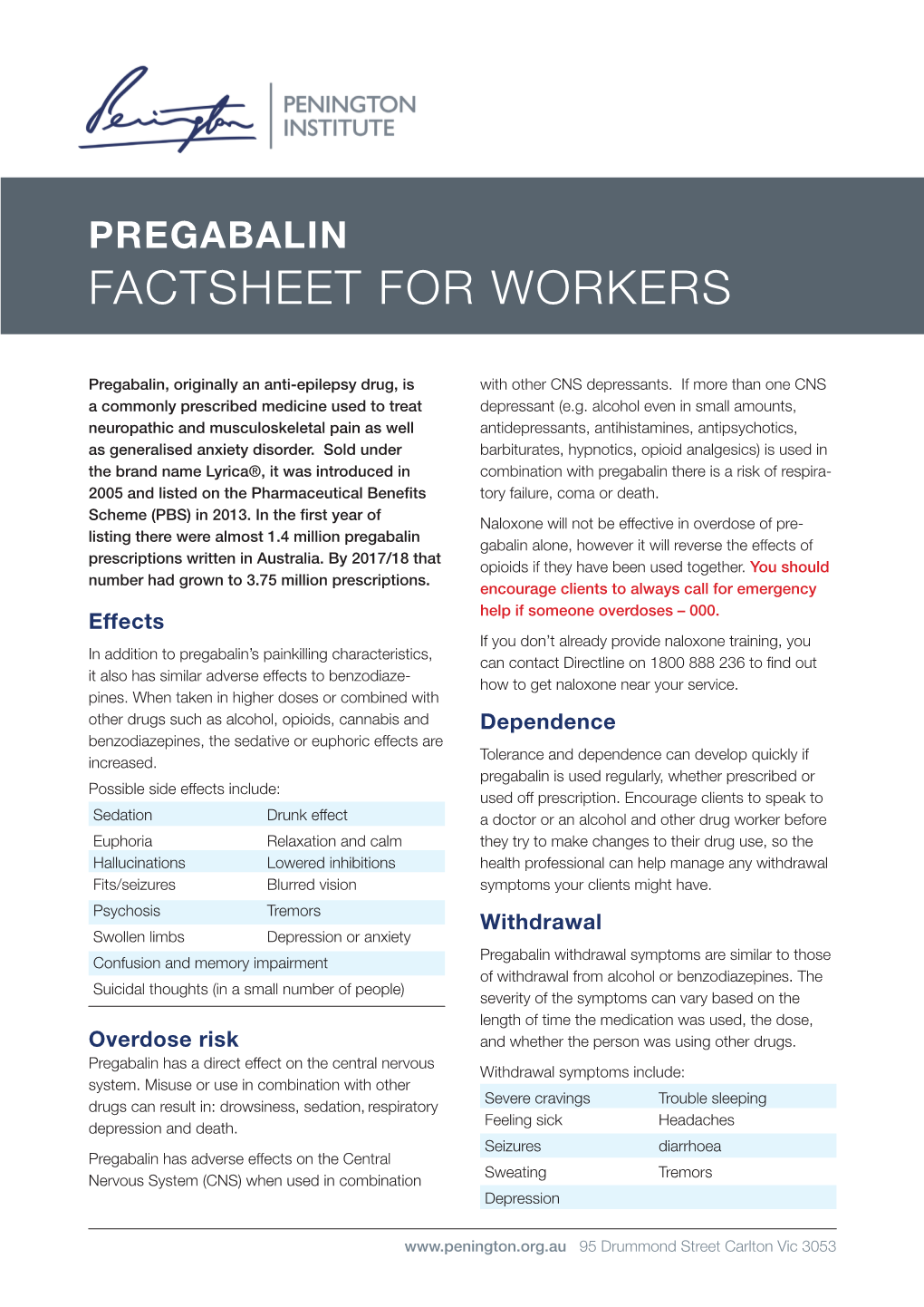 Pregabalin Factsheet for Workers