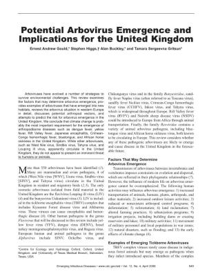 Potential Arbovirus Emergence and Implications for the United Kingdom Ernest Andrew Gould,* Stephen Higgs,† Alan Buckley,* and Tamara Sergeevna Gritsun*