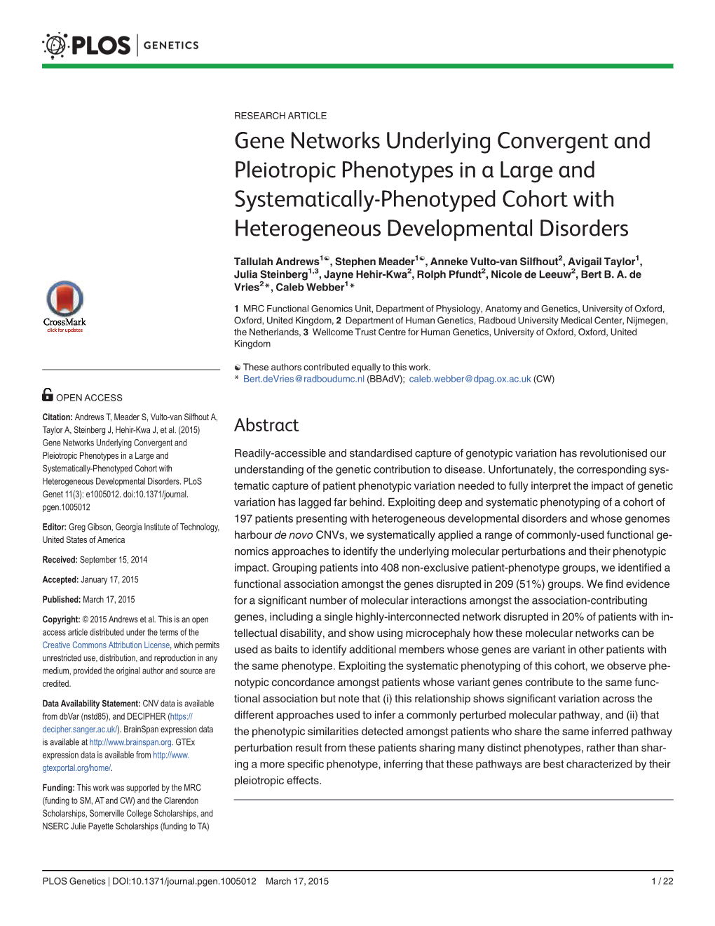 Gene Networks Underlying Convergent and Pleiotropic Phenotypes in a Large and Systematically-Phenotyped Cohort with Heterogeneous Developmental Disorders