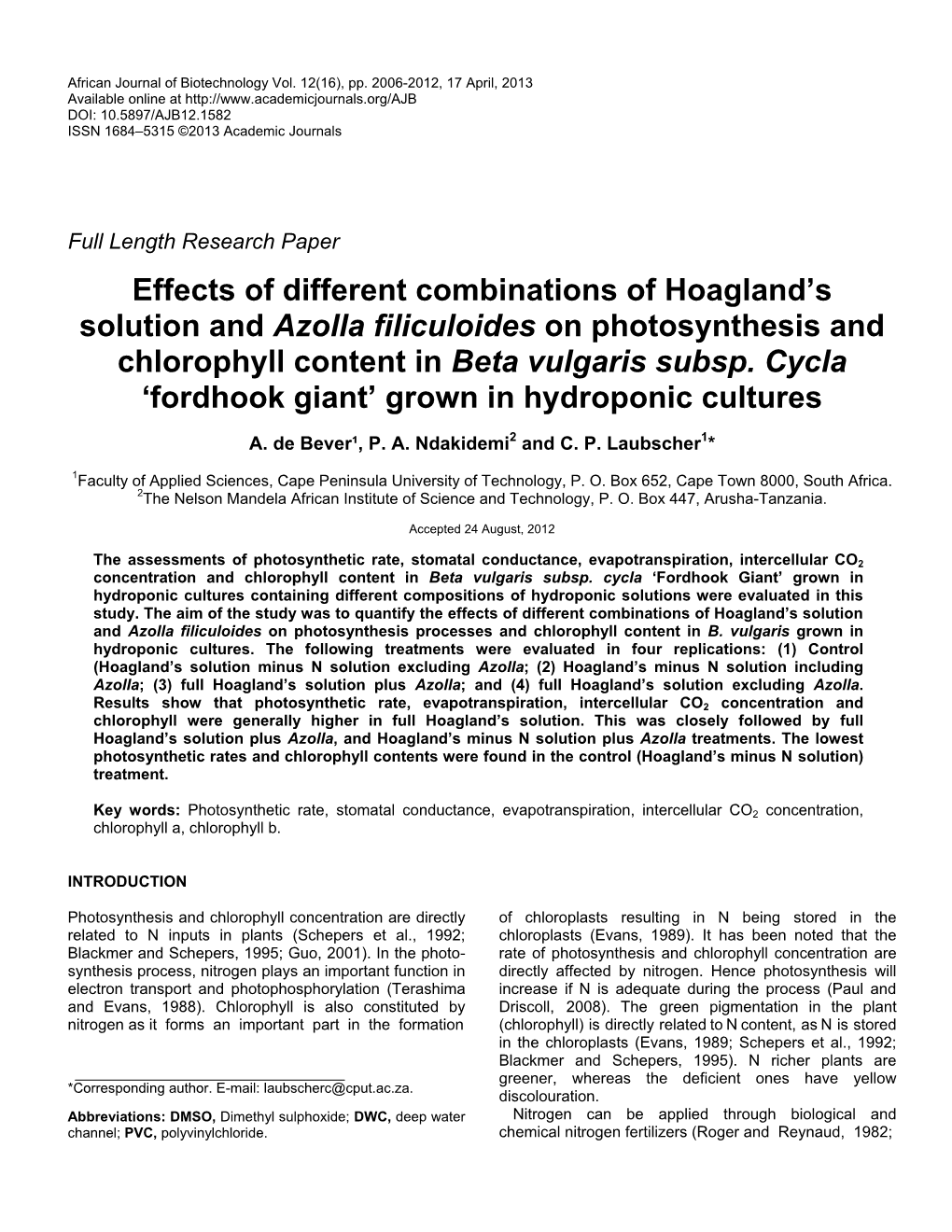 Effects of Different Combinations of Hoagland's Solution and Azolla