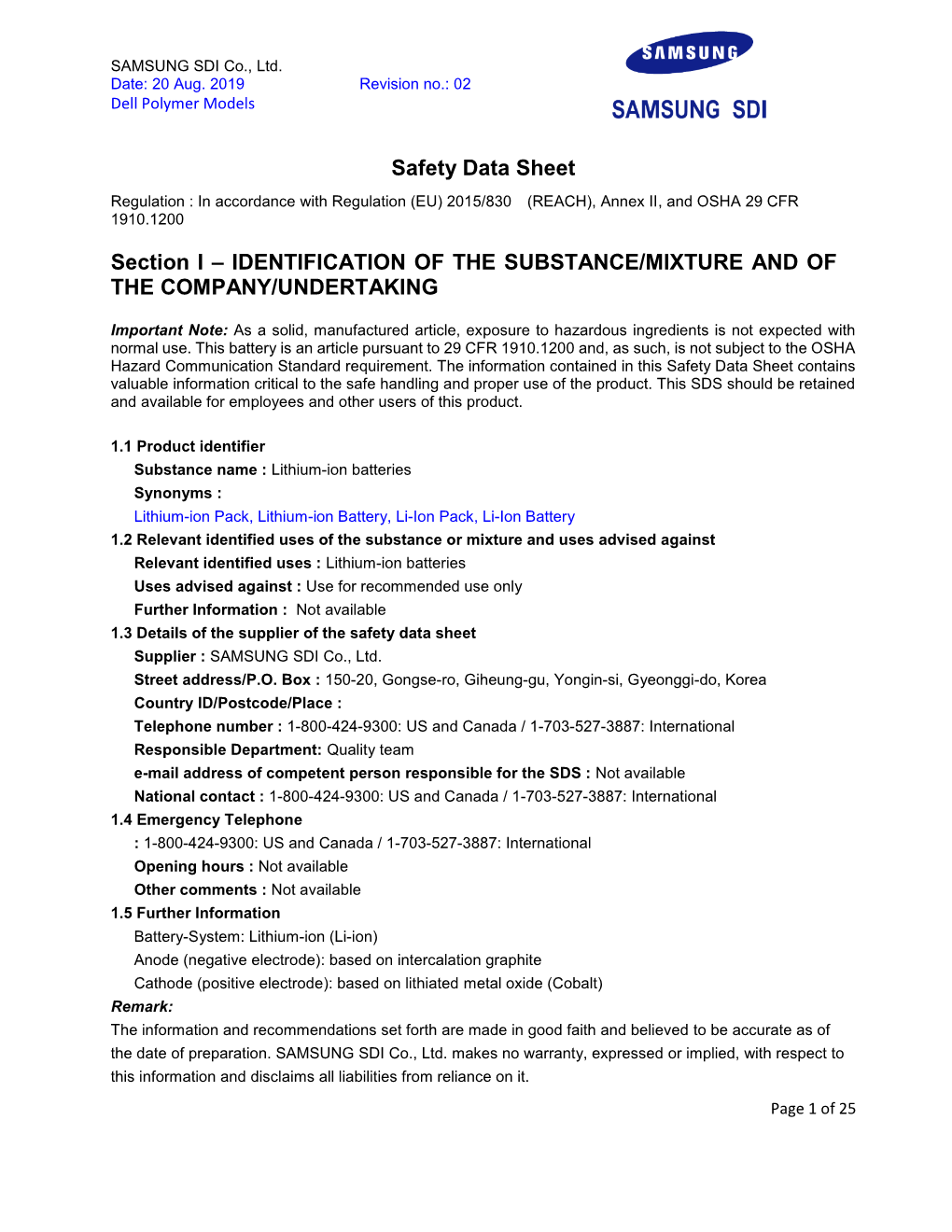 Safety Data Sheet Section I