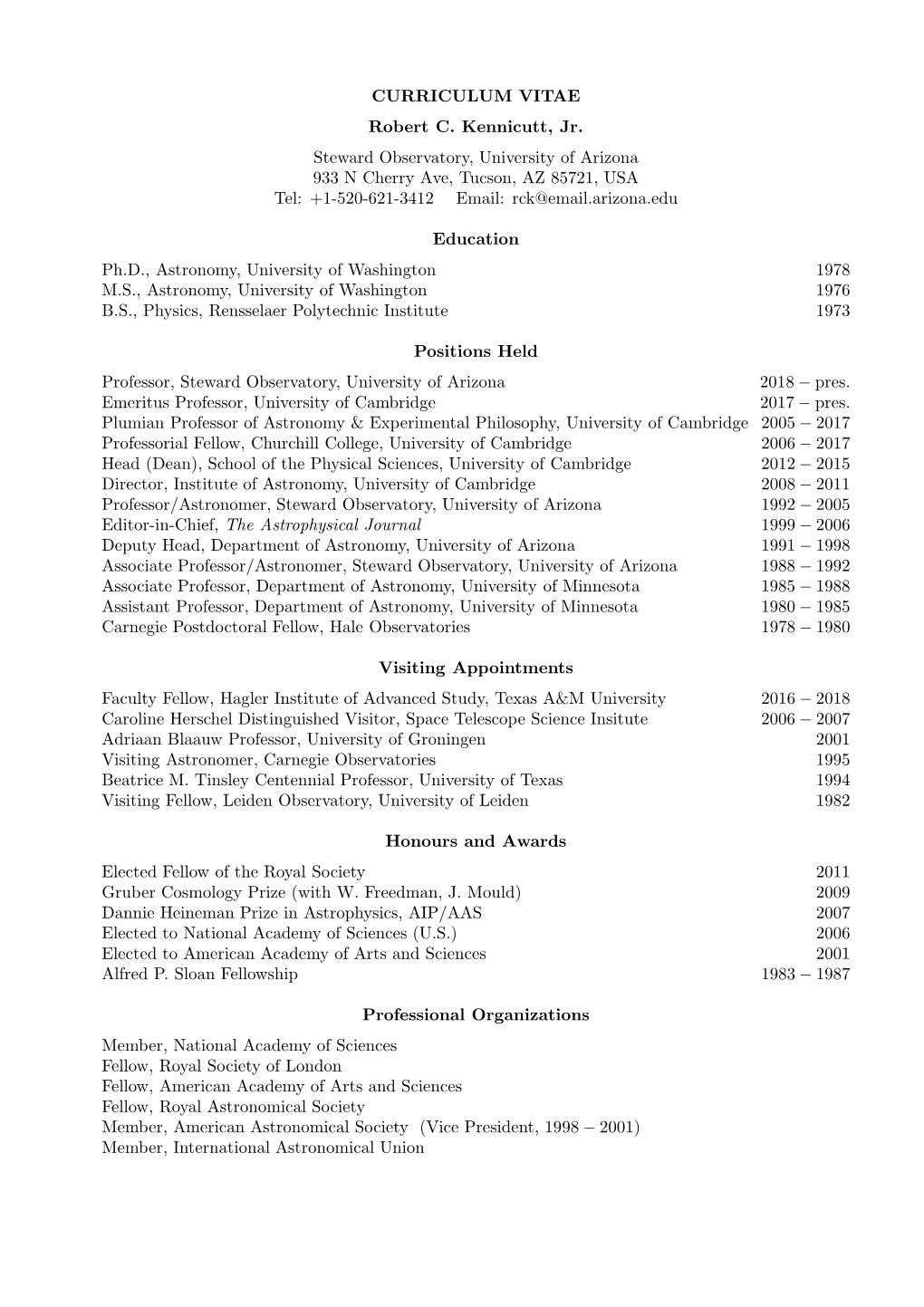 CURRICULUM VITAE Robert C. Kennicutt, Jr. Steward Observatory