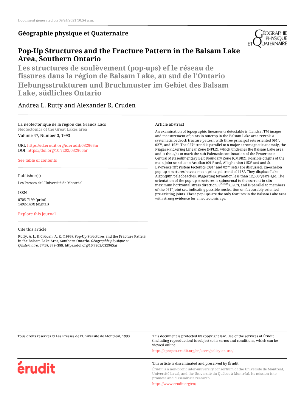 Pop-Up Structures and the Fracture Pattern in the Balsam Lake Area