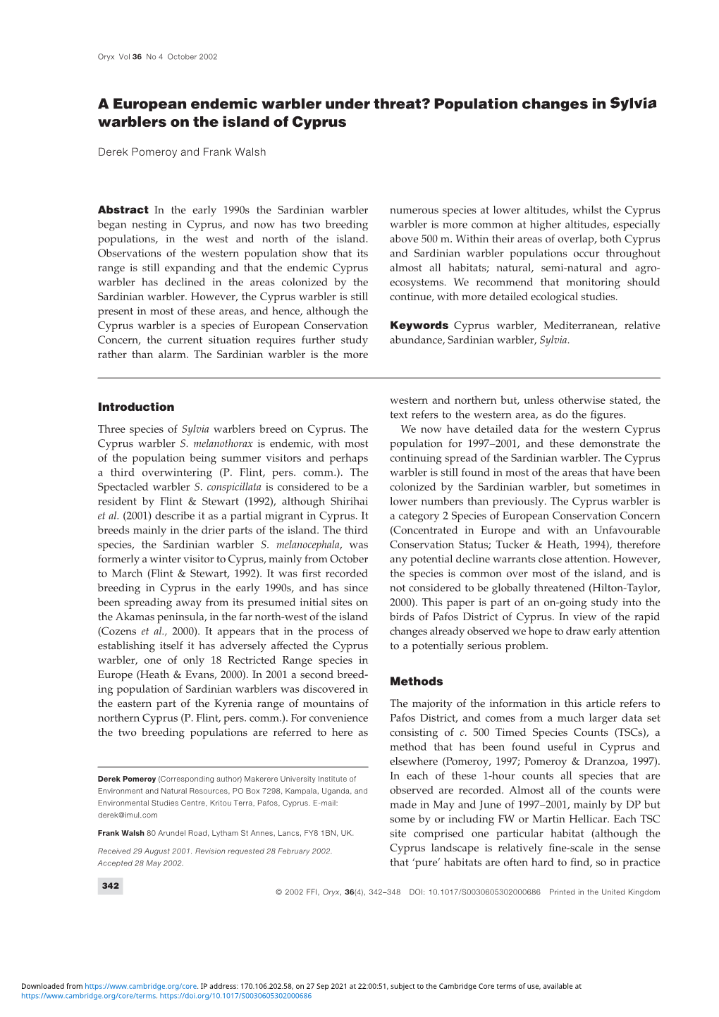 Population Changes in Sylvia Warblers on the Island of Cyprus