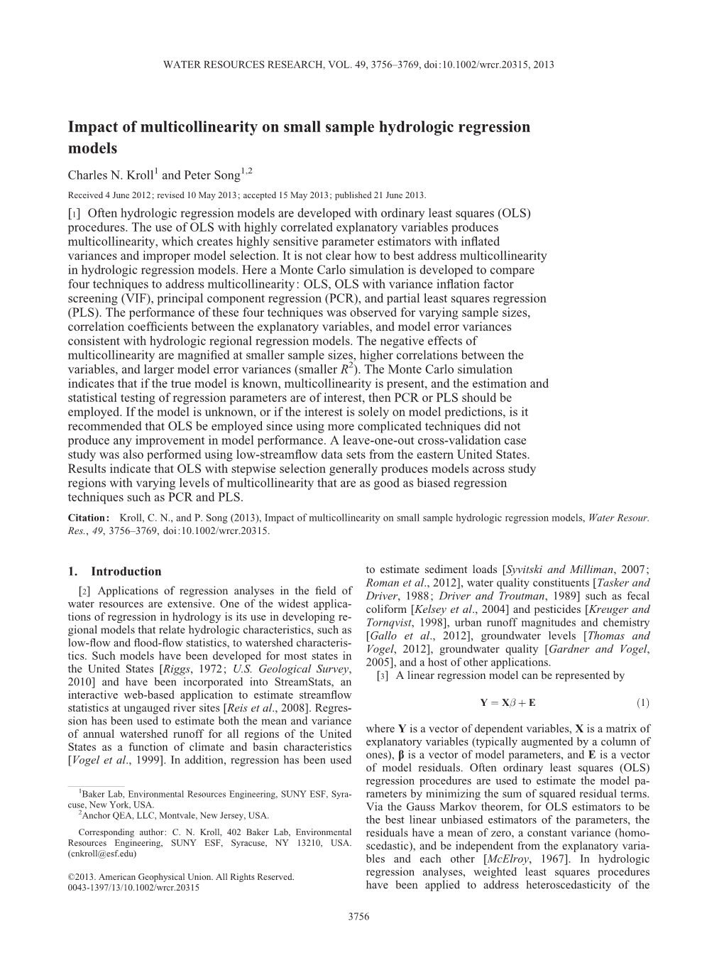 Impact of Multicollinearity on Small Sample Hydrologic Regression Models Charles N