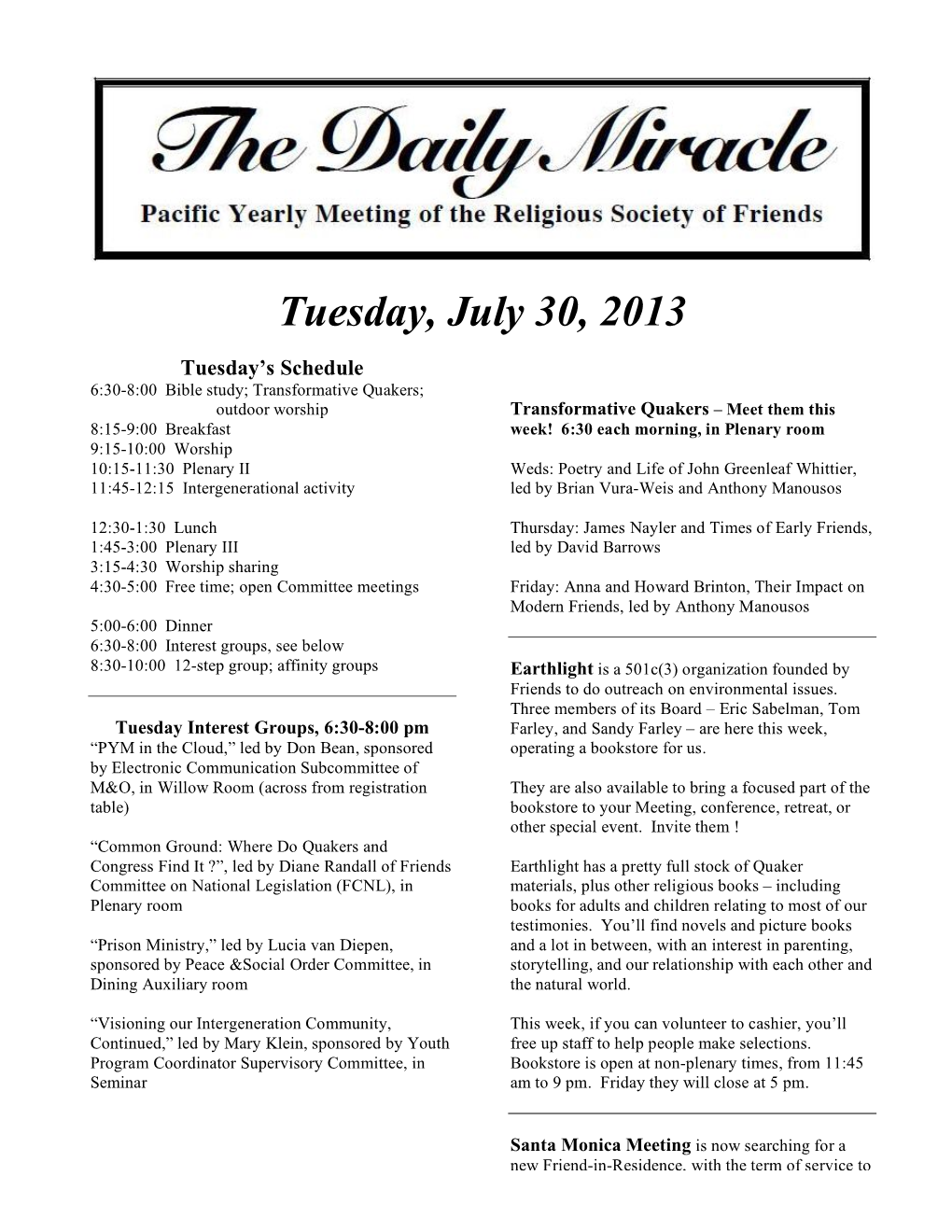 Daily Miracle 2013-07-30 Tuesday