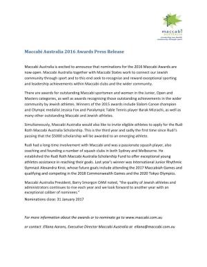 Maccabi Australia 2016 Awards Press Release