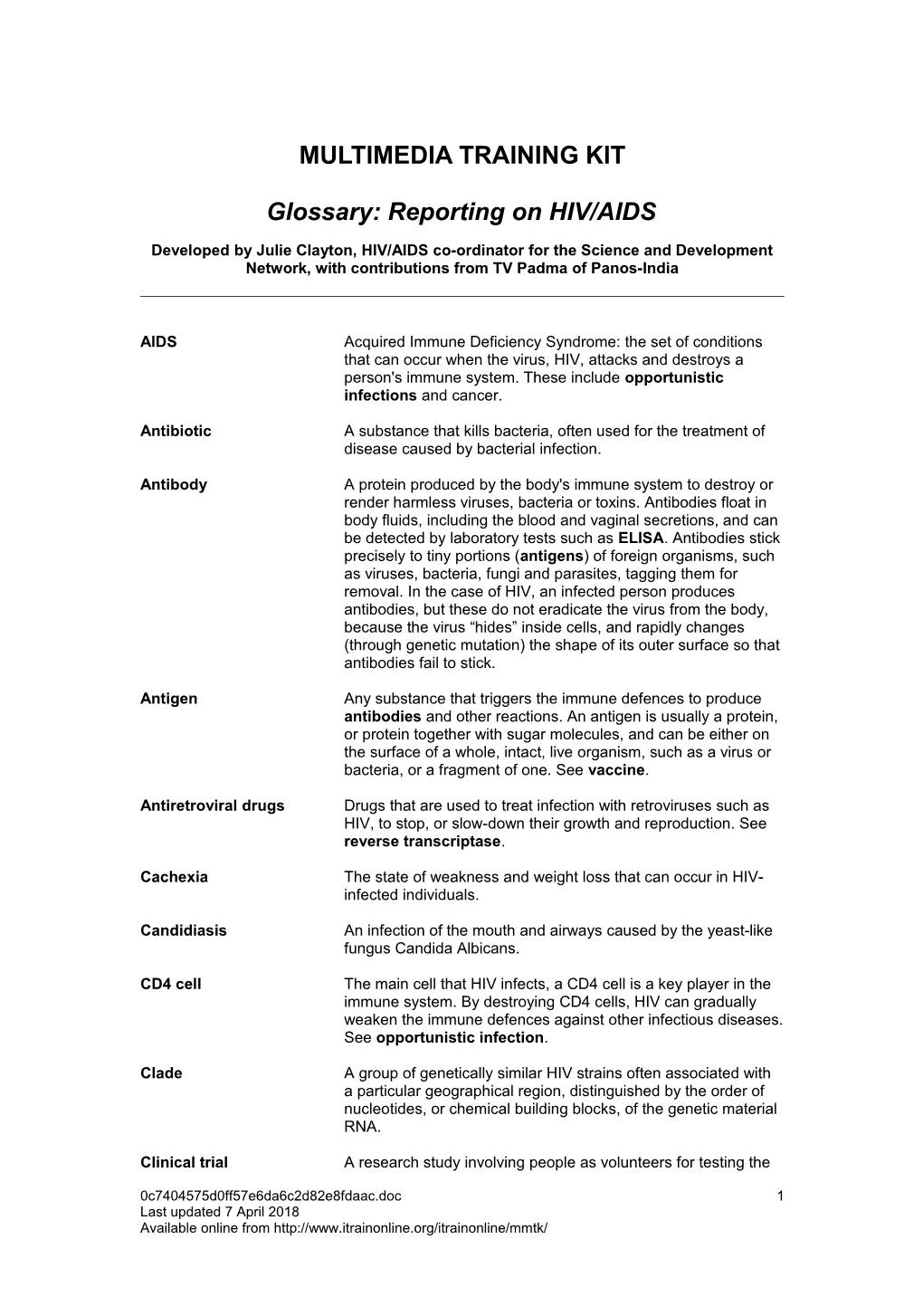 Glossary: Reporting on HIV/AIDS