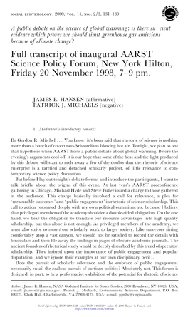 Full Transcript of Inaugural AARST Science Policy Forum, New York Hilton, Friday 20 November 1998, 7–9 Pm