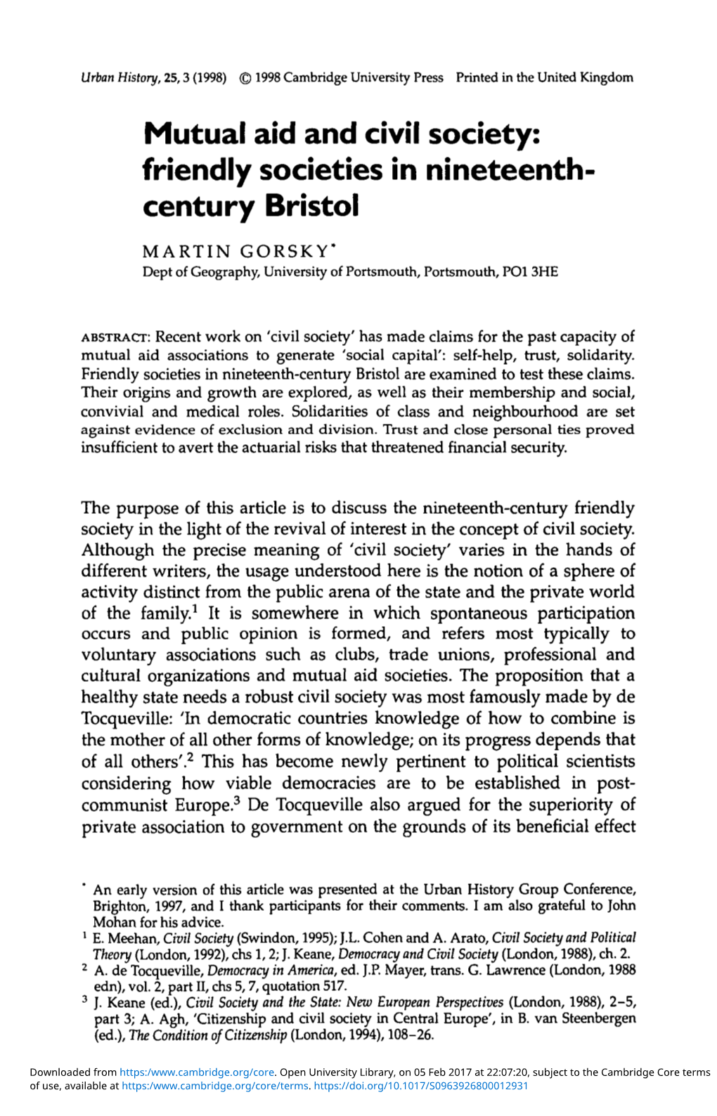 Mutual Aid and Civil Society: Friendly Societies in Nineteenth- Century Bristol MARTIN GORSKY* Dept of Geography, University of Portsmouth, Portsmouth, PO1 3HE